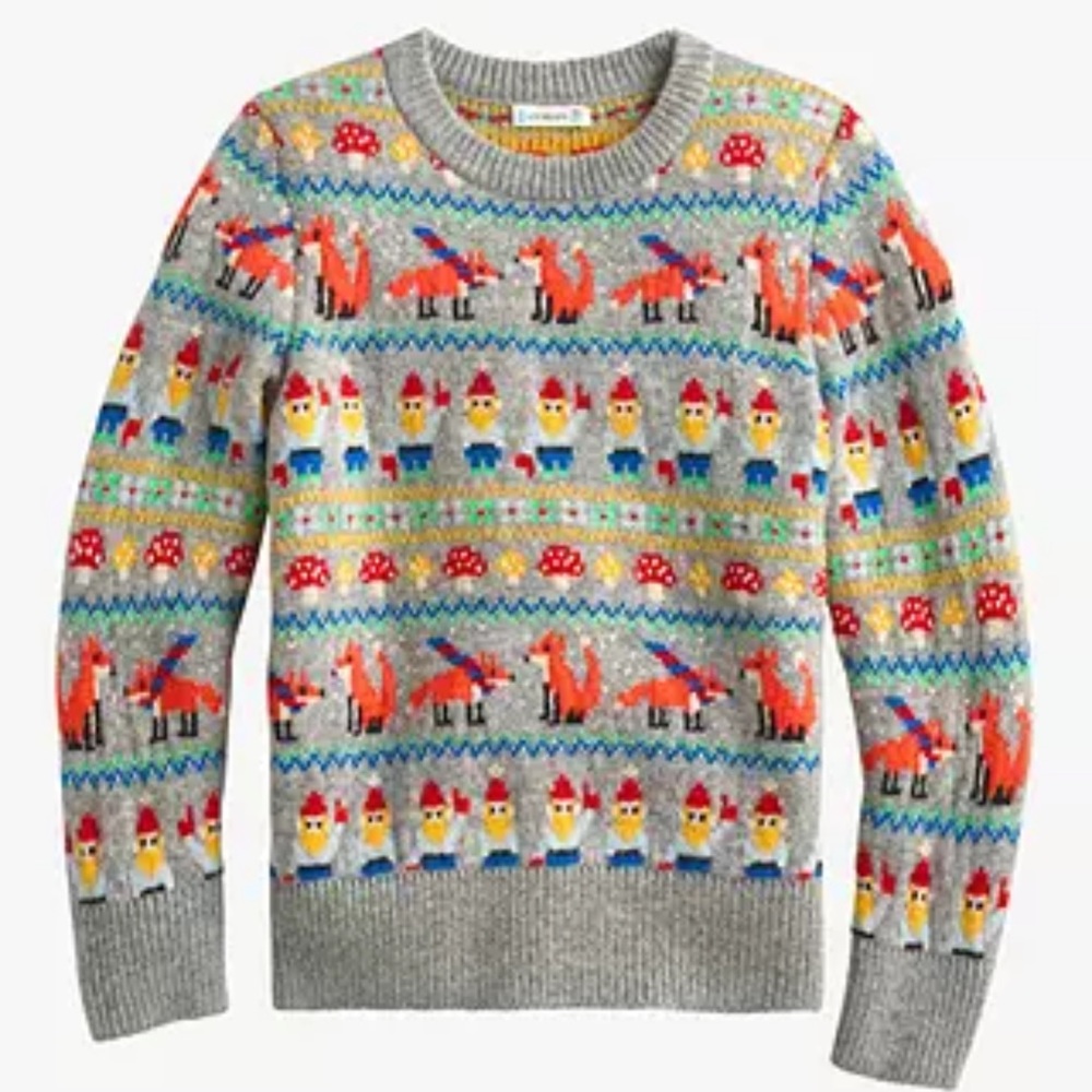 J Crew Kids Crewcuts Gray Sweater with Fox, Mushroom and Gnome pattern size 14